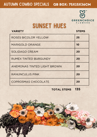 Sunset Hues Fall Mix Box – Bicolor Roses & Orange Marigolds